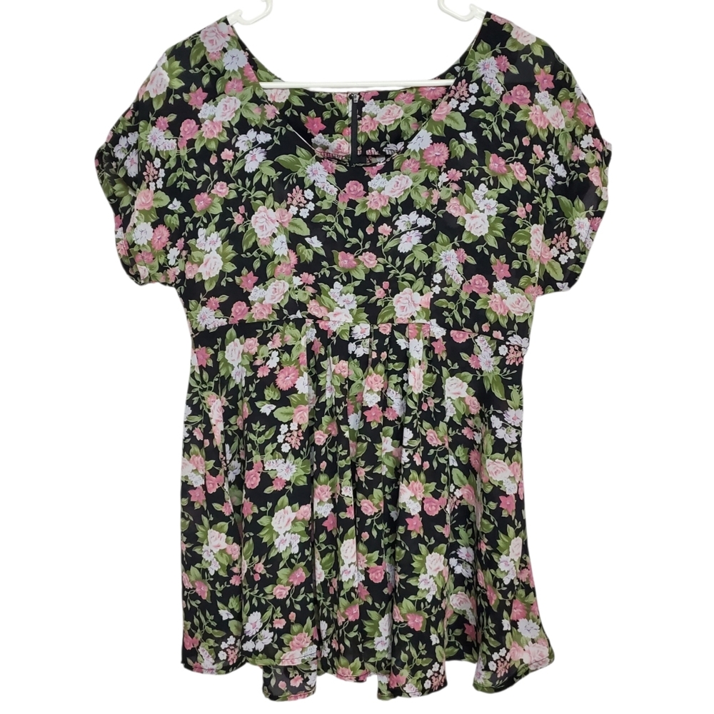 2543 * Fantaseas Vintage Floral Empire Waist Tunic Blouse Black Pink Size M